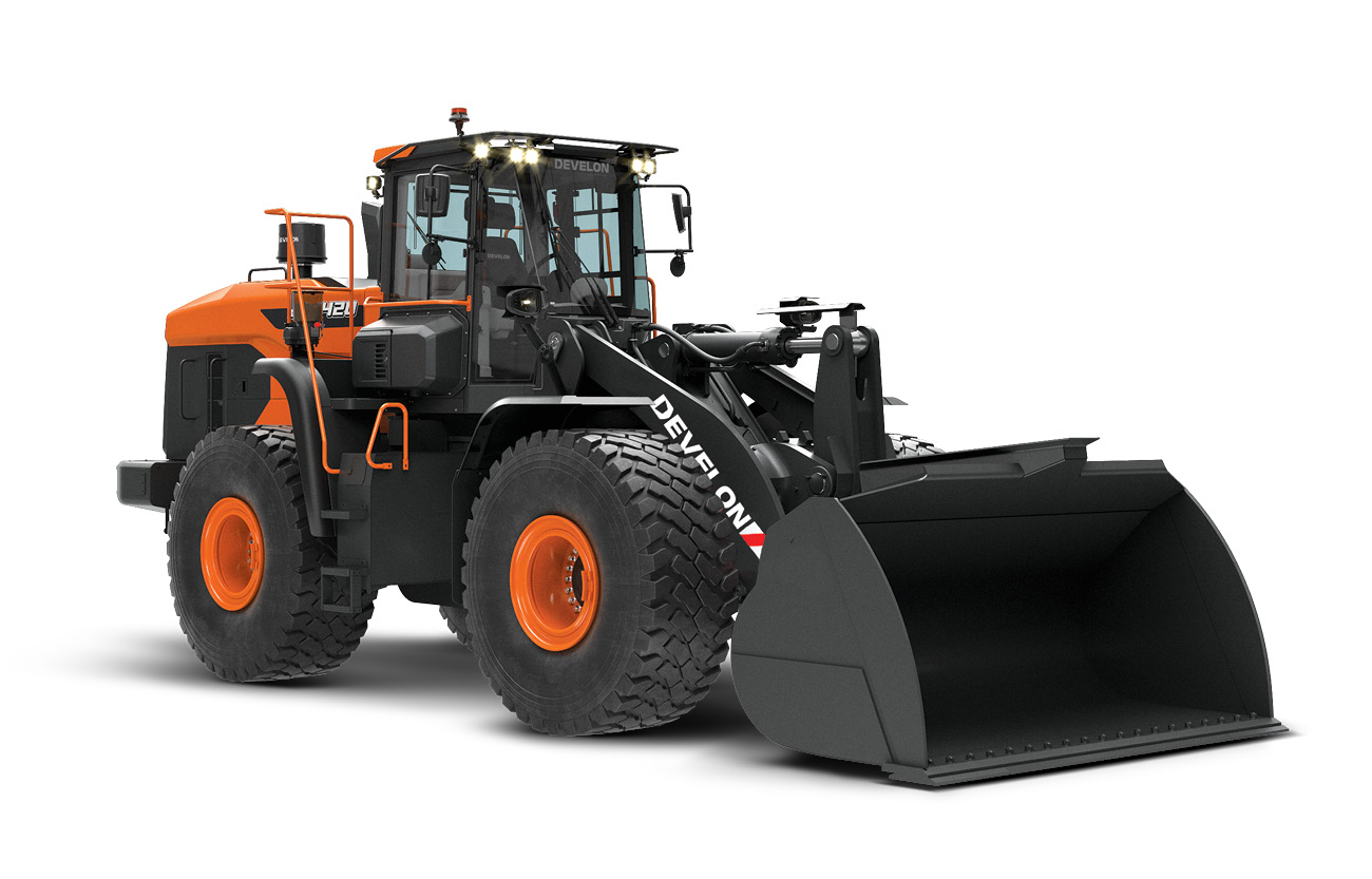 Develon DL420-7 wheel loader on a white background