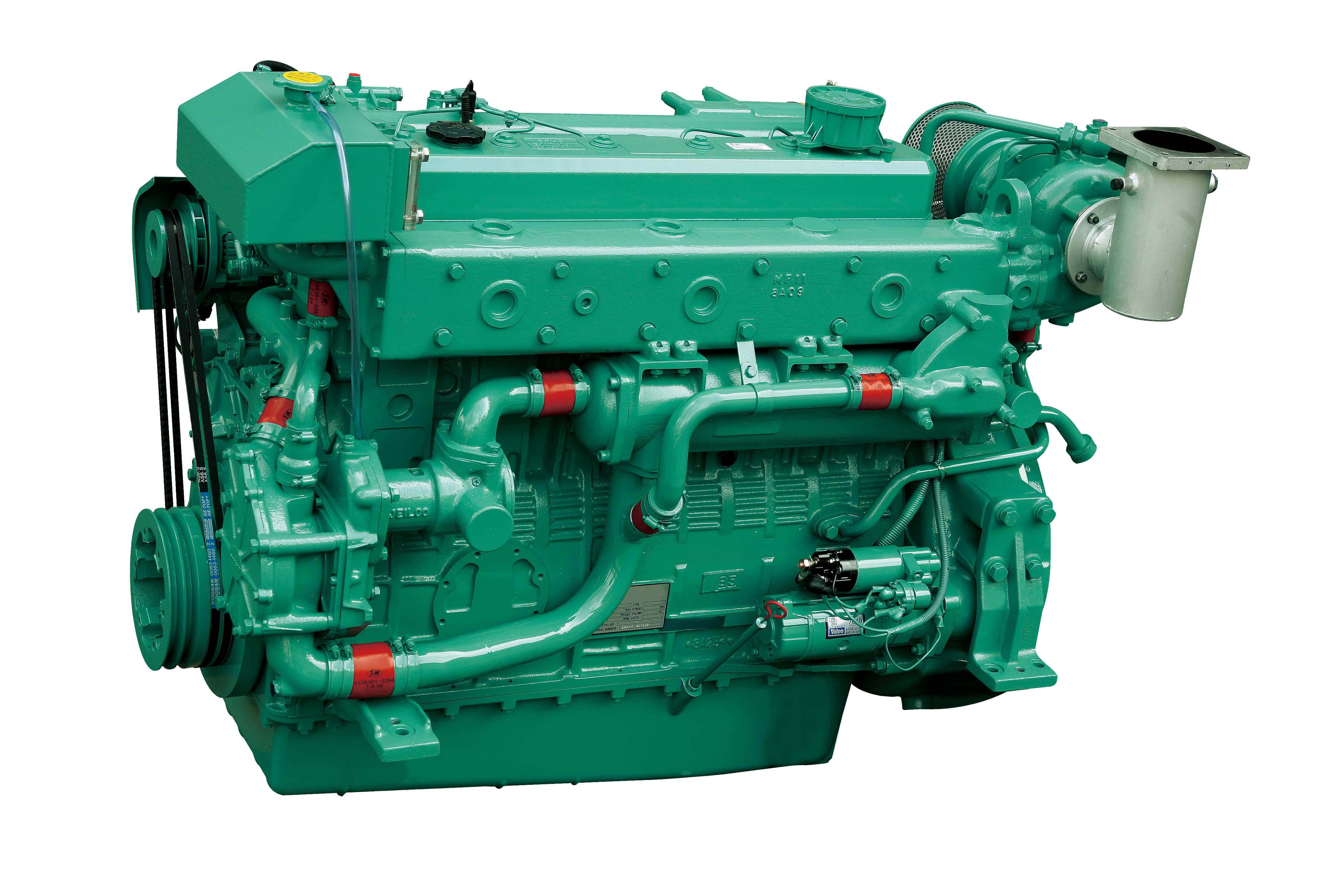 HD Hyundai MD196T marine engine on a white background